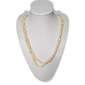 Vintage Diversity 4 Strand Pink Faux Pearl and Gold Round Bead Necklace 30"